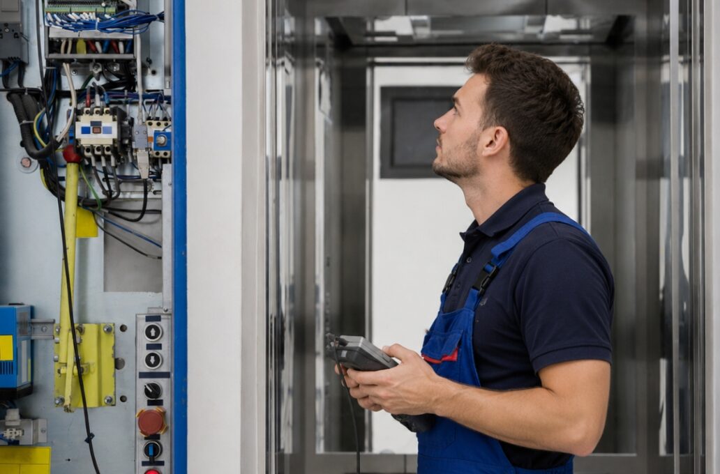 Monteur die een lift aan het keuren is