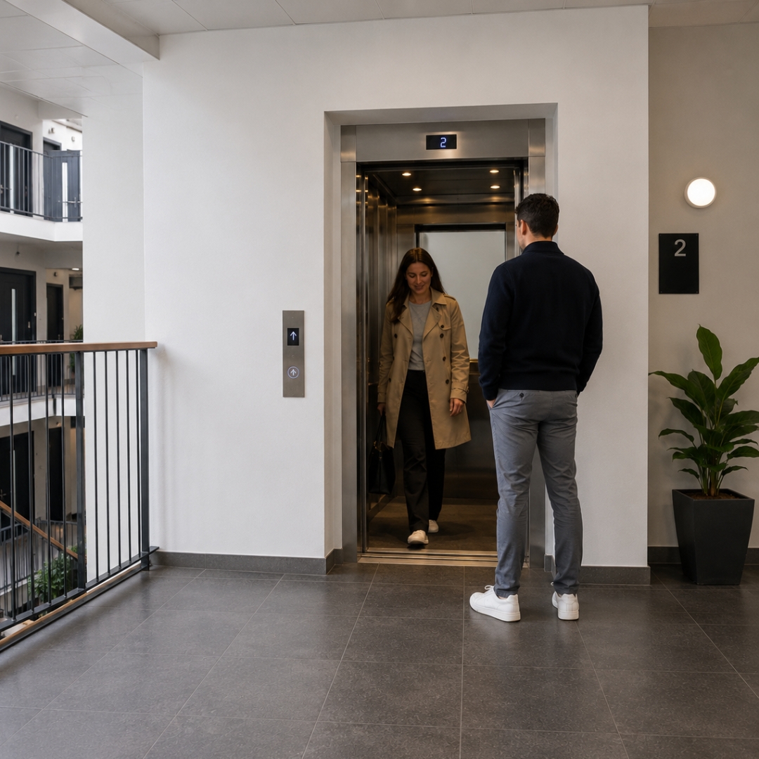 Vrouw stapt uit de lift en man staat te wachten op de lift